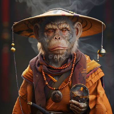 Affe in Mönchskutte und Strohhut mit mystischem Artefakt